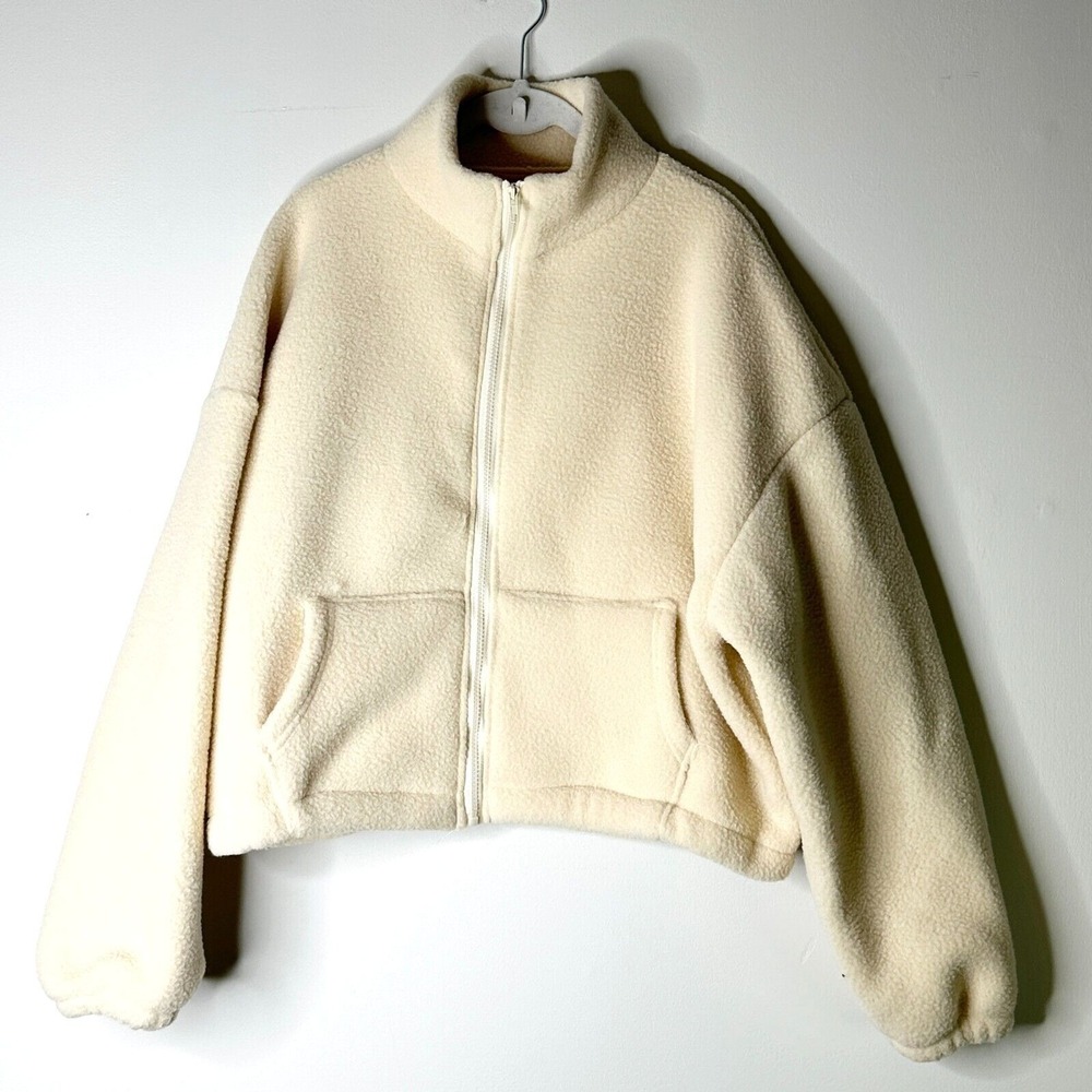 Fleece Cropped Jacket Women XL Beige Off White Kangaroo Pocket Zip Front NWOT